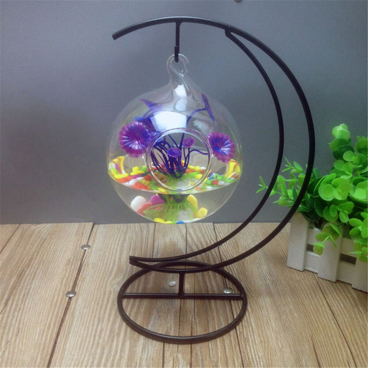 

Подвесной прозрачный стеклянный шар Mini Fish Tank Аквариум Домашний настольный декор с подставкой