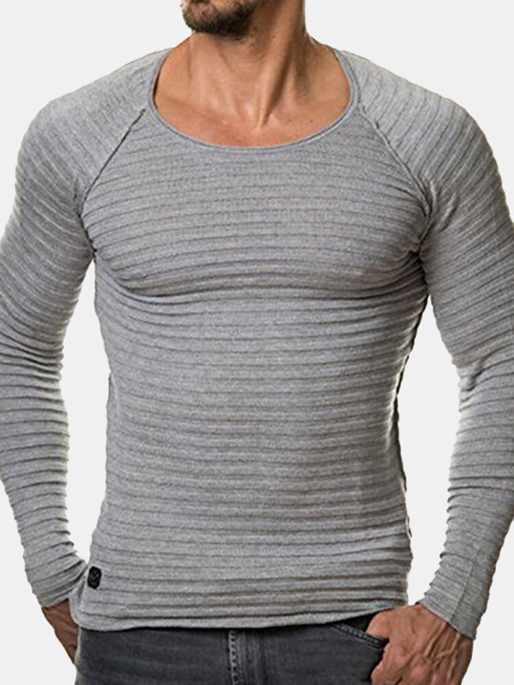 Image of Mens Striped Falten Volltonfarbe Rundhals Langarm Slim Fit Casual T-Shirts