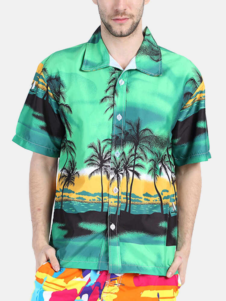 Beach Holiday Ademend Snel Drogen Coconut Tree Printing Losse Lounge Korte Mouwen Heren Shirts