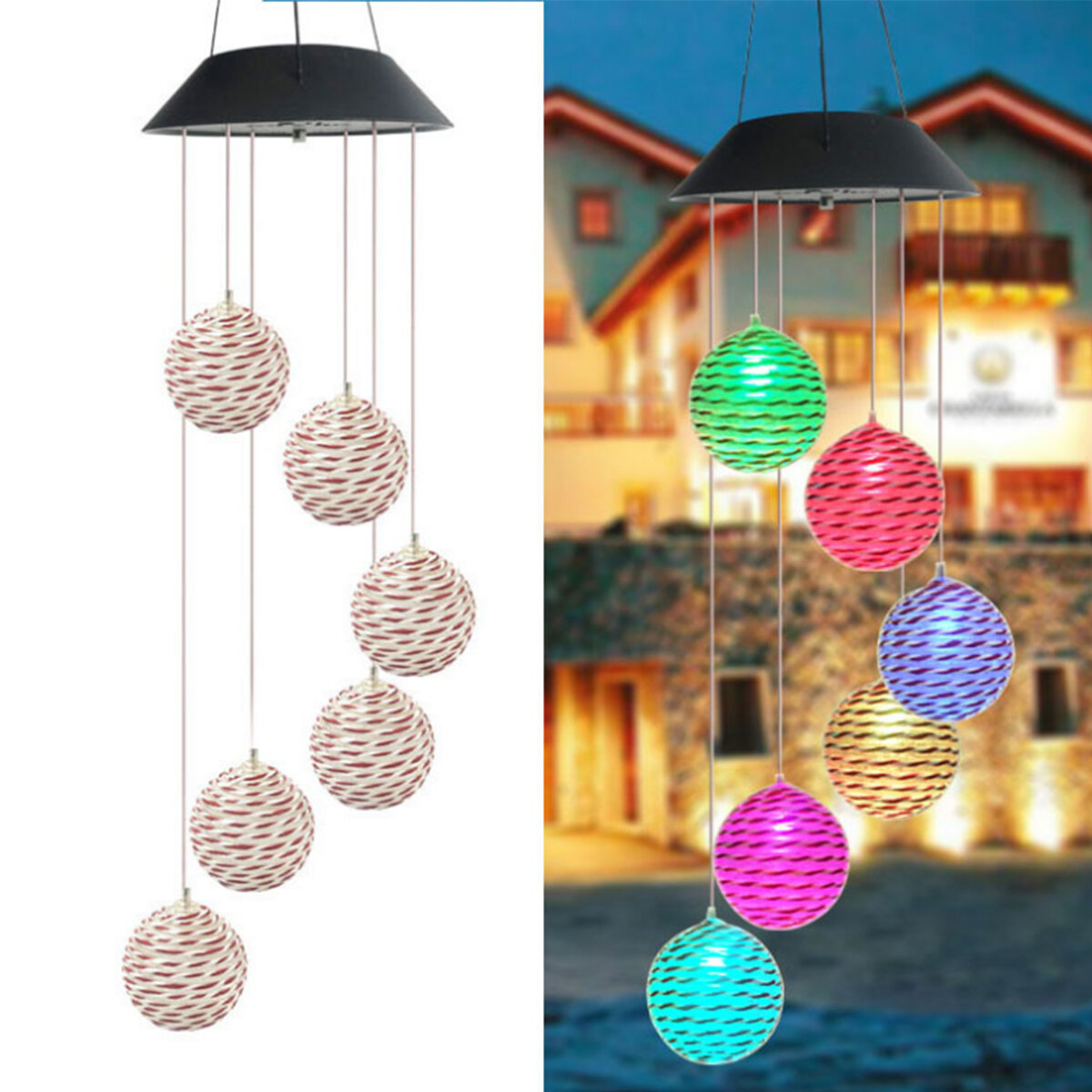 Color Changing Solar LED Rattan Balls Hanging Spiral String Wind Chimes Lamp Light