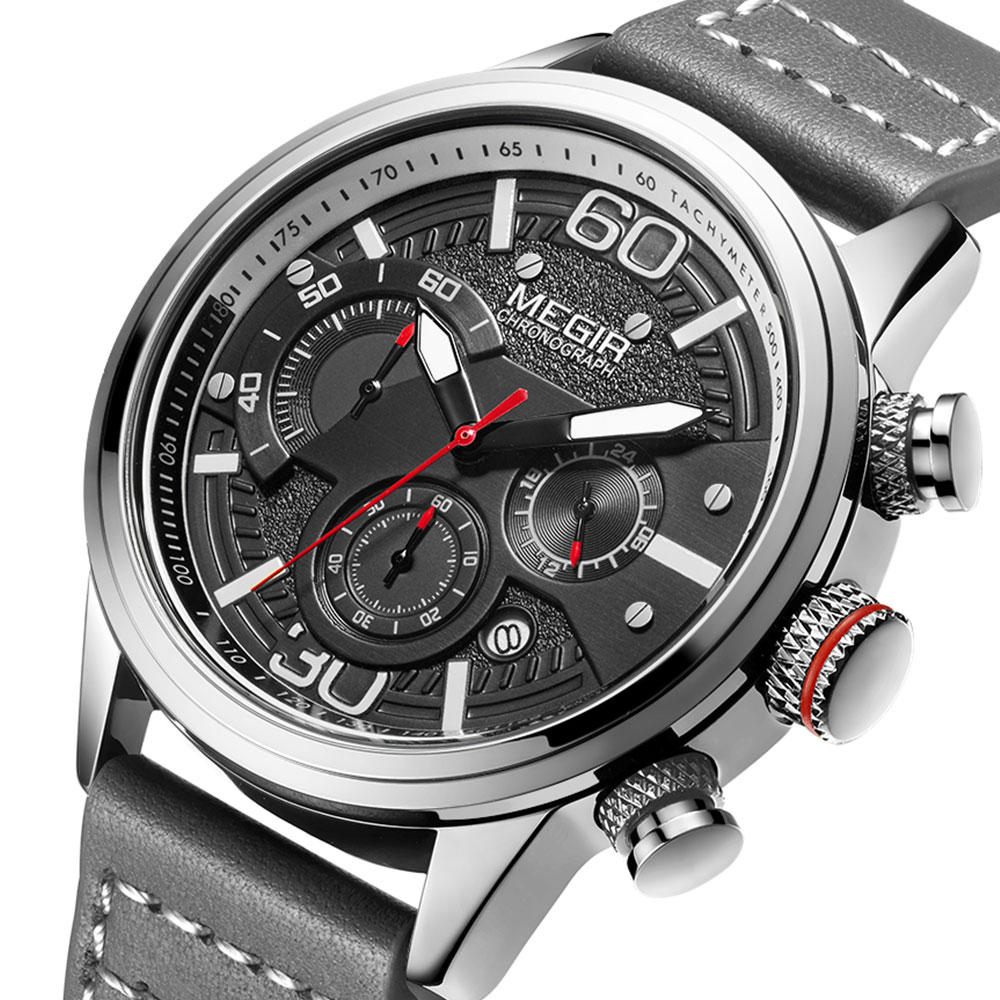 

Megir 2110 Модные мужские часы Водонепроницаемы Световой Дисплей Хронограф Кожаный ремешок Спортивные кварцевые часы