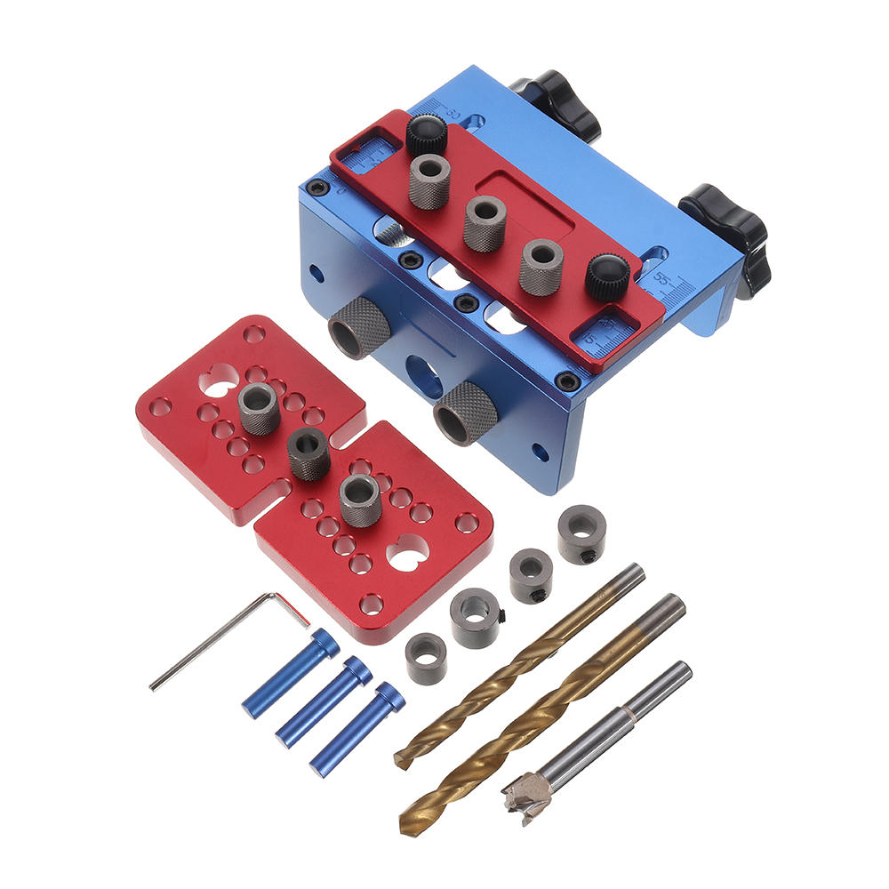 

3 In 1 Woodworking Drill Guide Set Hole Puncher Dowelling Jig Self Tighten Clamp Dowel Tenon Punching with Drill Bits Lo