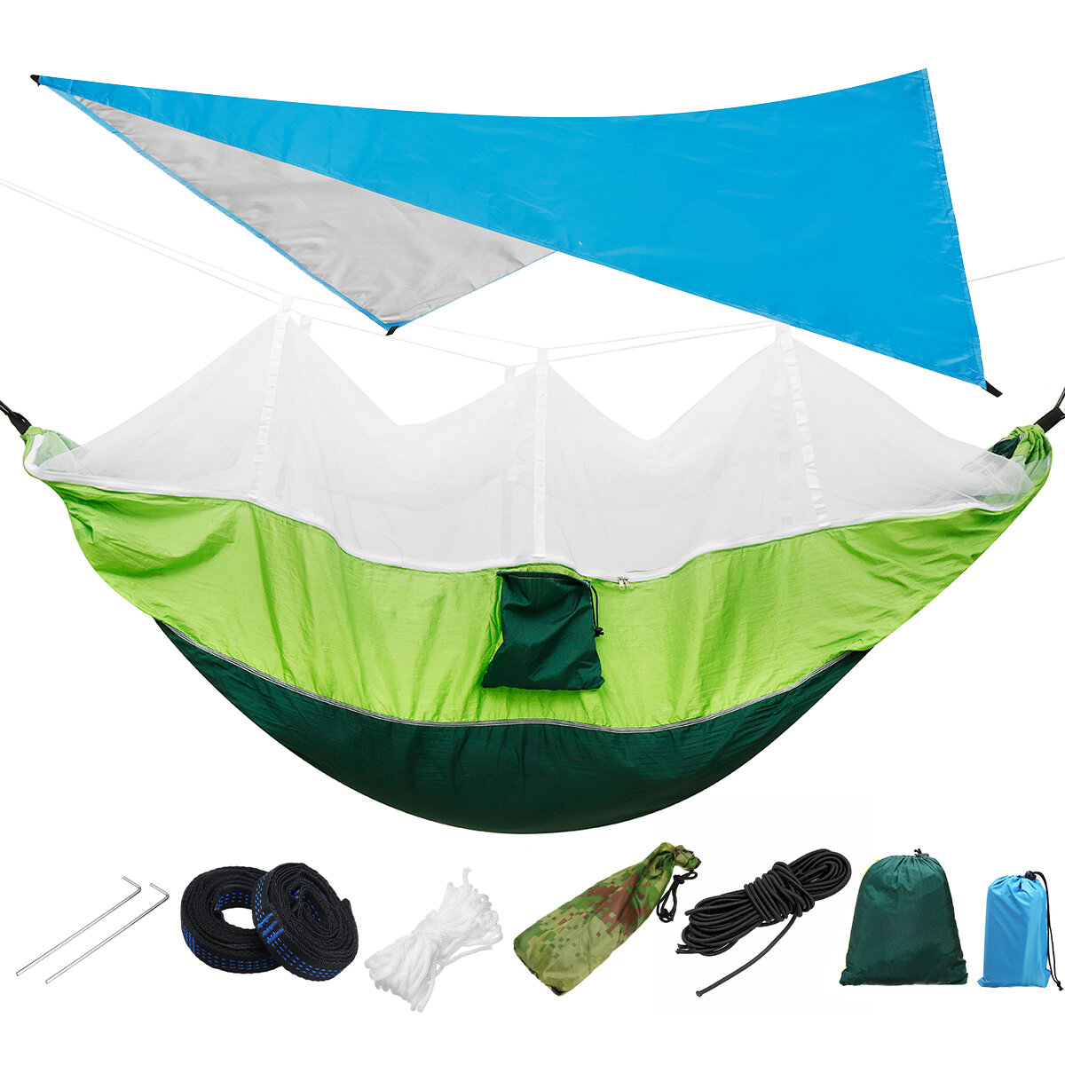 IPRee® 300 kg de carga 18 uds./set Ligero portátil Camping Hamaca y Tienda Toldo Set Lluvia Mosquito Net Canopy 210T Nylon Hamacas, impermeable 2000 Tree Straps Sun Shelter.