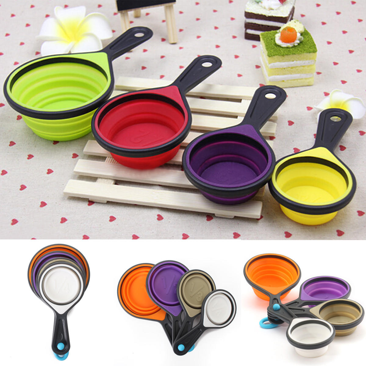 4Pcs Silicone Measuring Cups Set Spoon Kitchen Tool Collapsible Baking Cook