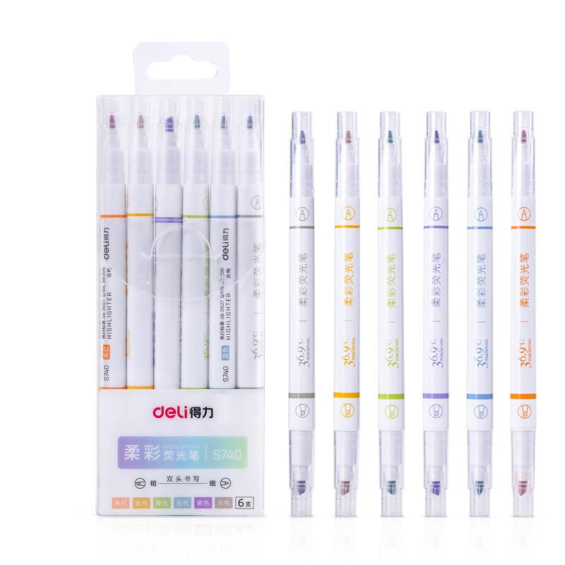 Deli S740 6 stks / set dual-head markeerstiften fluorescerende pennen set met de hand schilderen kun