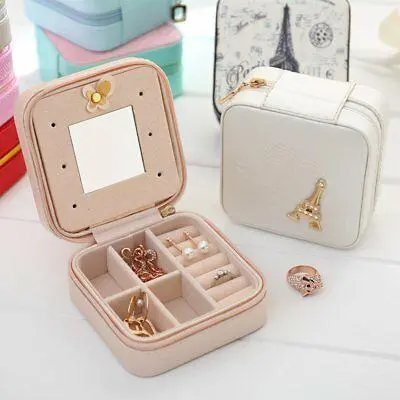 Portable travel jewelry box case ring earring necklace storage display organizer