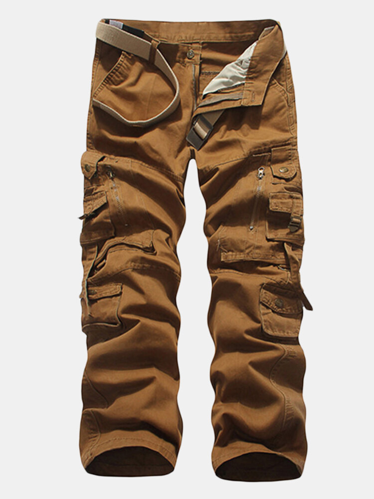 Mens Cotton Zipper Multi-pocket Cargo Pants Straight Solid Color Casual ...