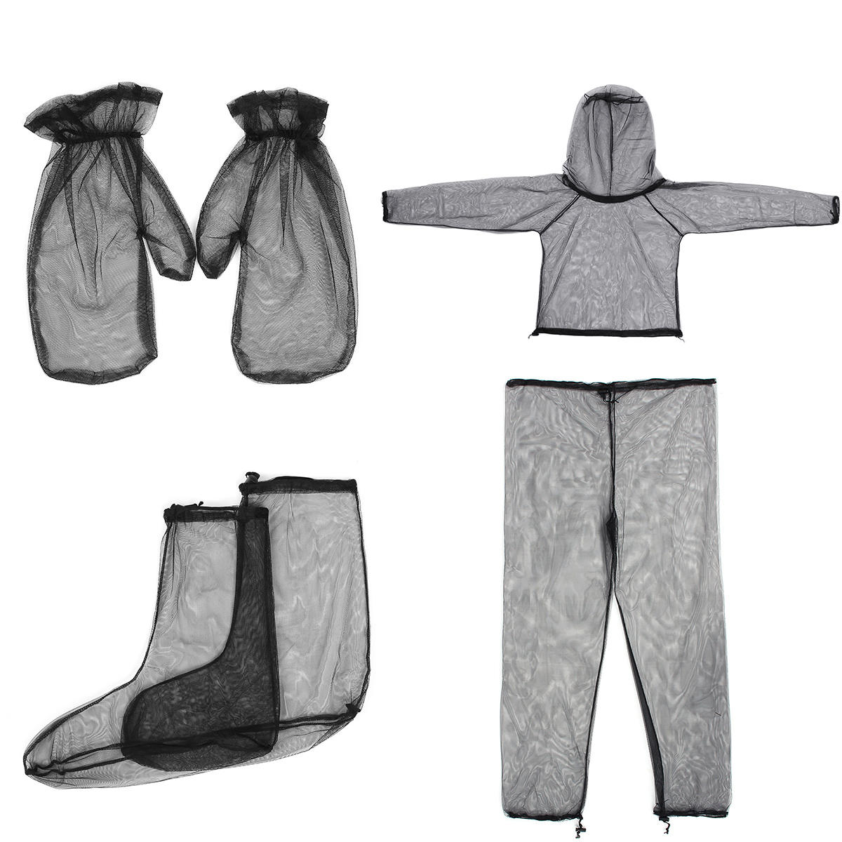 Conjunto leve de viagem e camping ao ar livre em malha de alta densidade composto por jaqueta, calça, luvas e meias anti-mosquito.