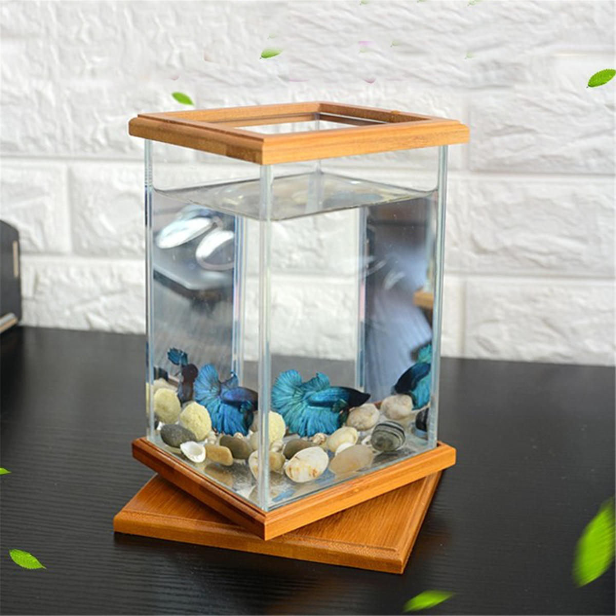 Mini Aquarium LED Lighting Clear Glass Fish Tank Container Office Desktop Decor!