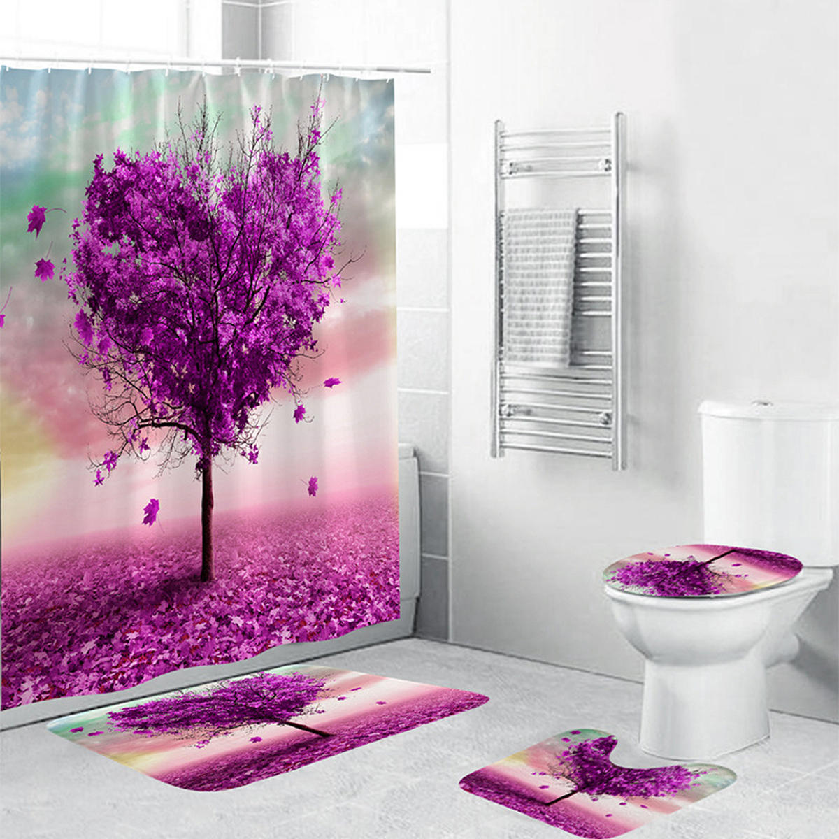 

Romantic Heart Tree Waterproof Bathroom Purple Shower Curtain Toilet Cover Mat Non-Slip Rugs