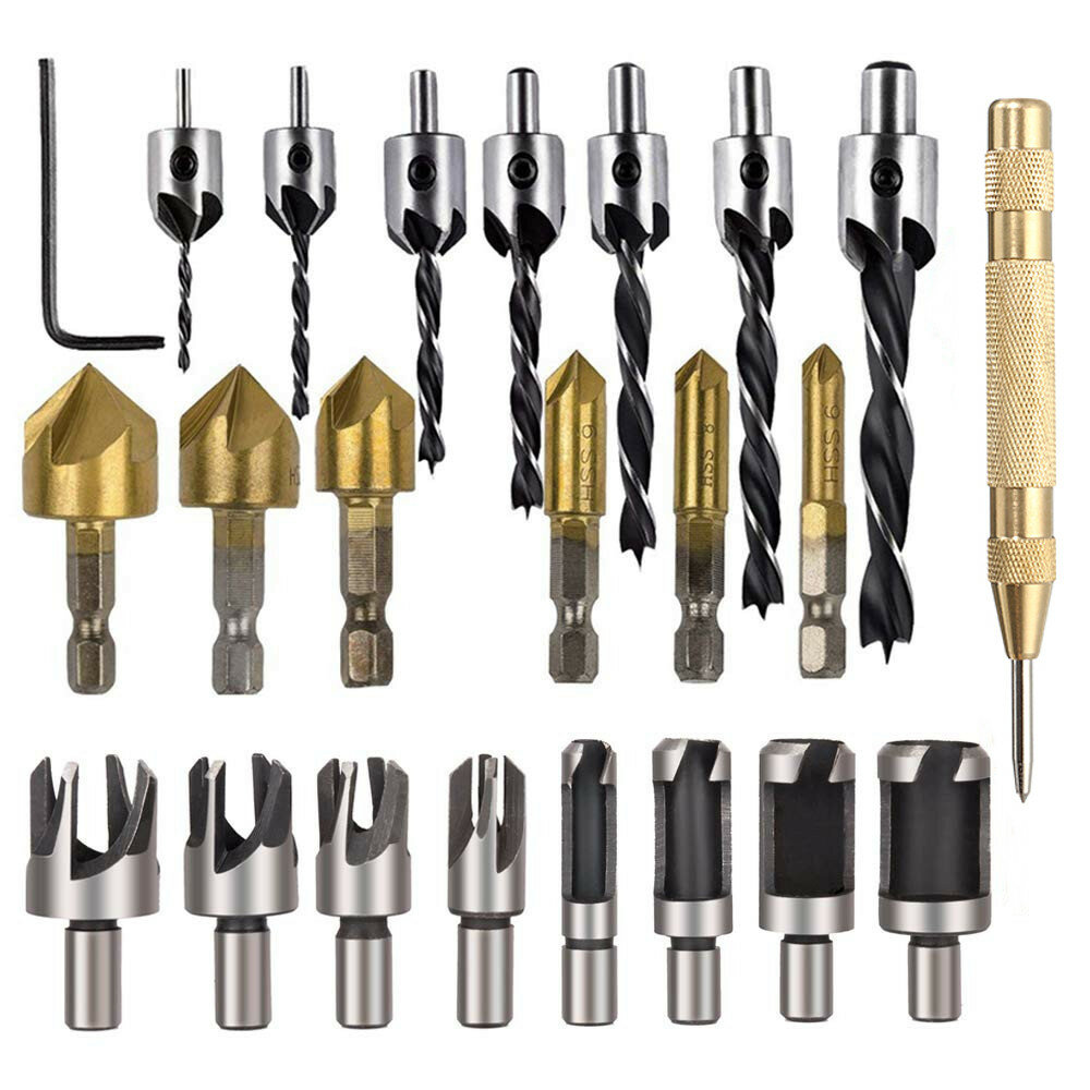 Woodworking Chamfer Drilling Tool Set 6pcs 3-Pointed Countersink Drill Bit with L-Wrench and Automatic Center Punch 7pcs 5 Flute Countersink Drill Bits 8pcs Wood Plug Cutter
