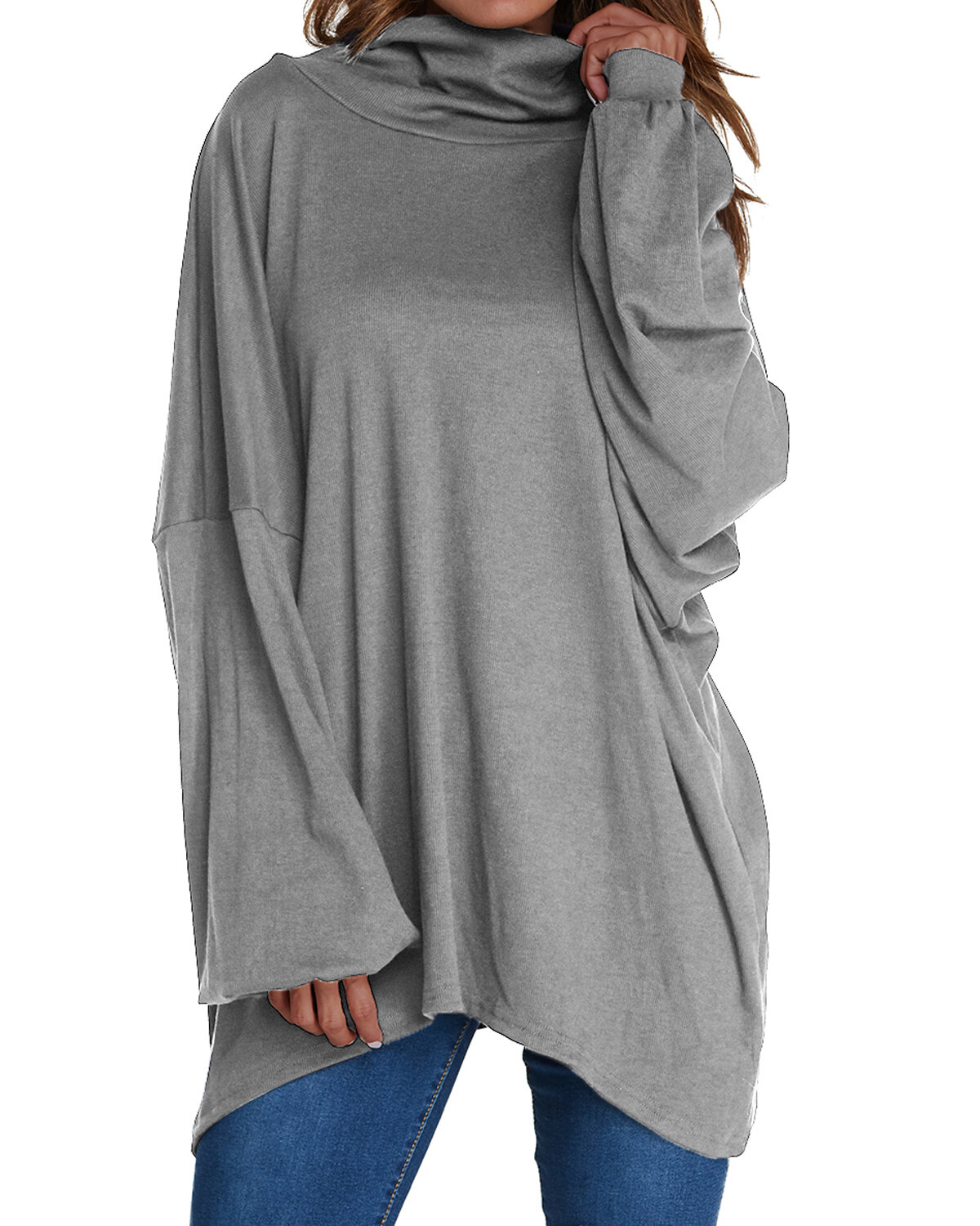 Women Long Sleeve Loose Pullover Tops Pure Color Turtleneck Blouse