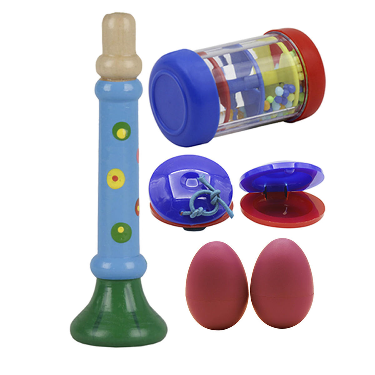 4-delige set Orff muziekinstrumenten zand eieren / regenring / kleine hoorn / plastic castagnetten v