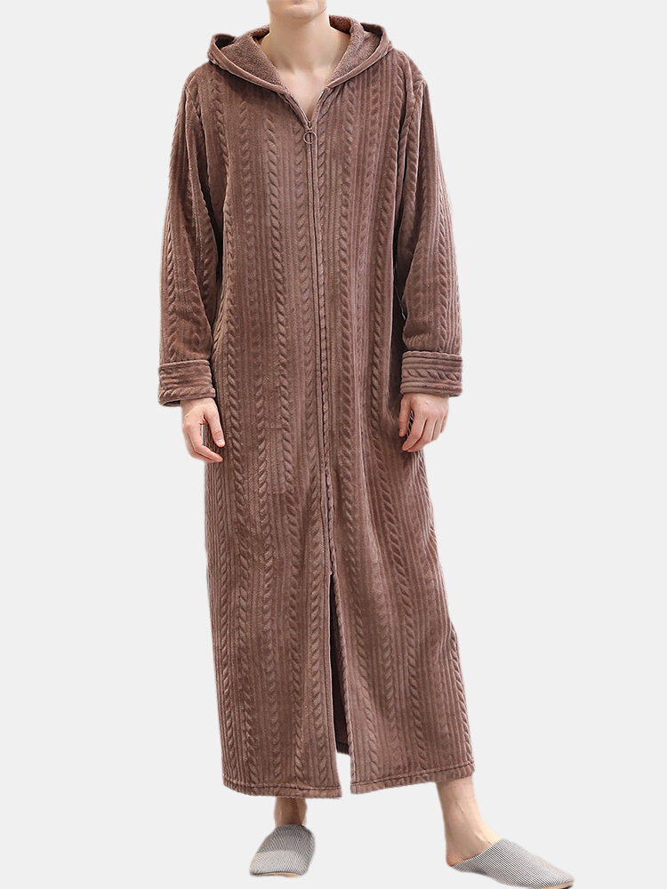 Men Flannel Plain Thermal Warm Loose Hooded Pajamas