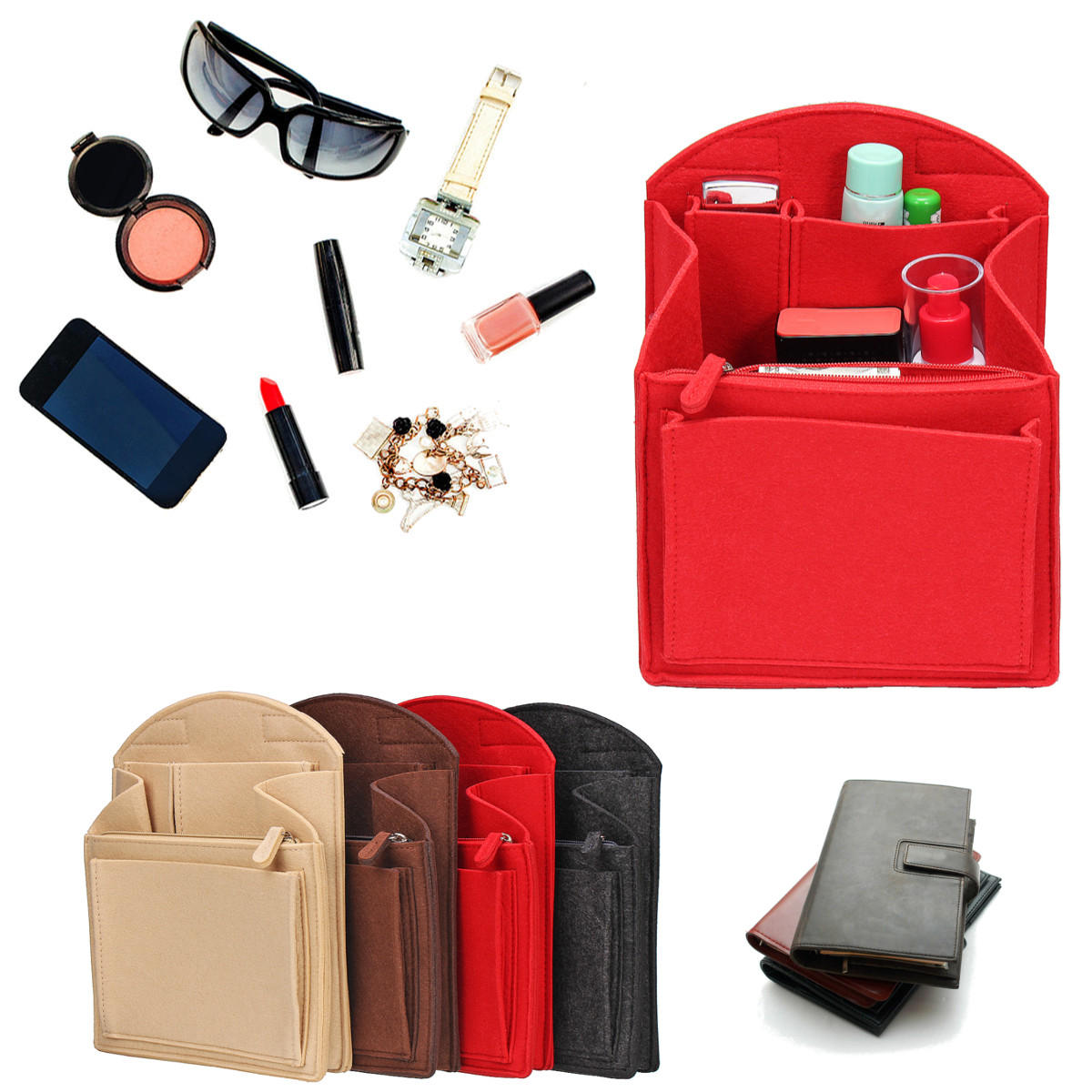 Storage Bag Portable Felt Fabric Purse Handbag Organizer Bag MultiPocket Insert Women