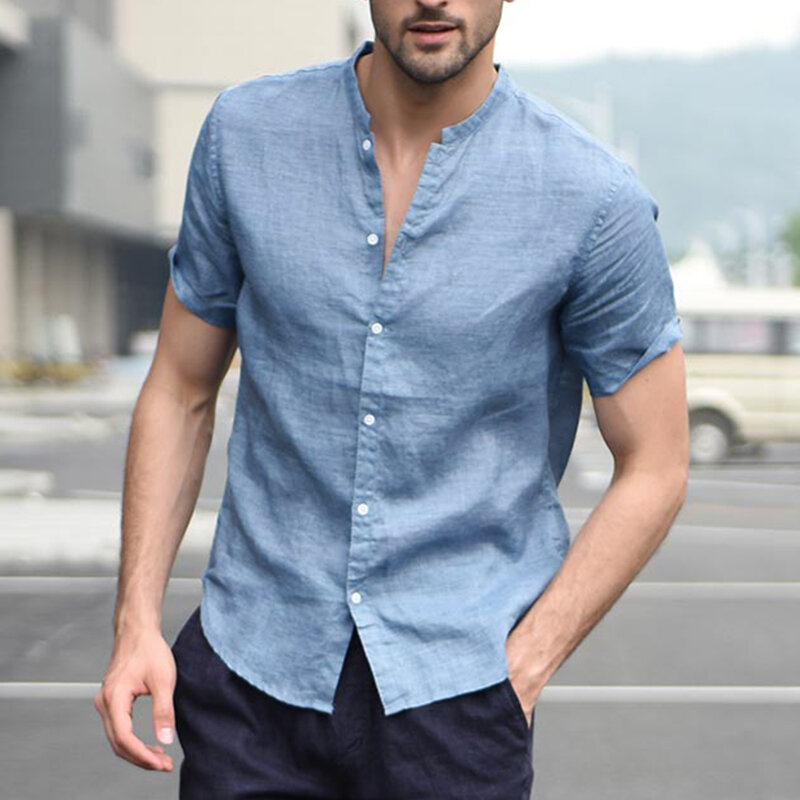 Men linen short sleeve shirt beach loose soft casual collarless shirt ...
