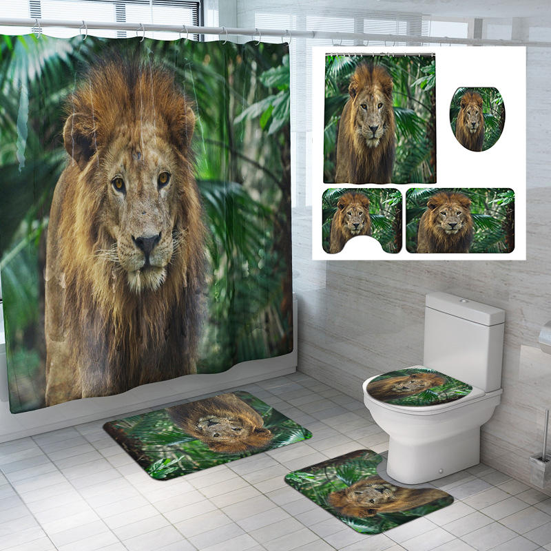 1.8M Bath Bathroom Decor Shower Curtain Set Tiger Lion Prints Polyester 12 Hook