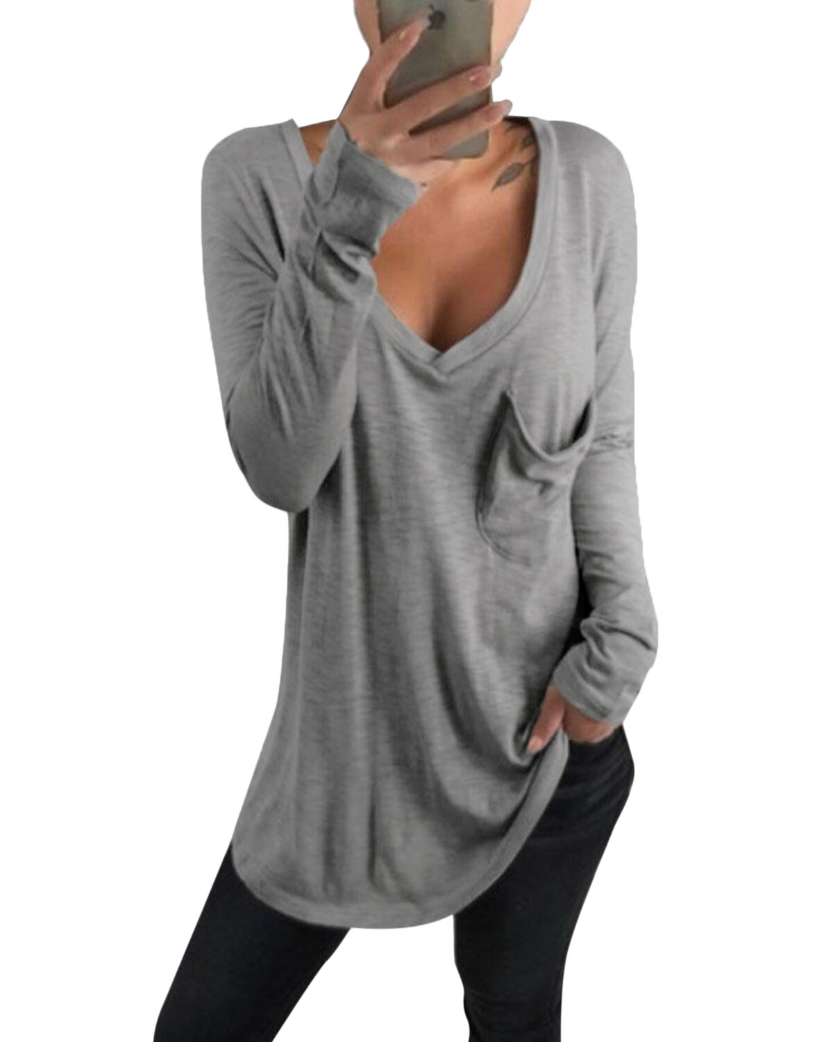 Women casual v neck long sleeve loose baggy solid t shirts with pocket ...
