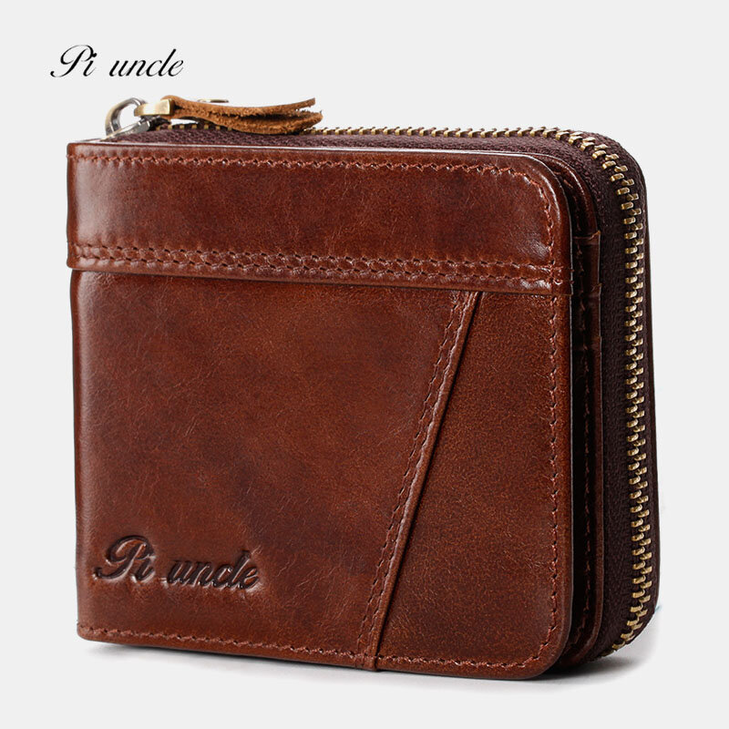 Men Genuine Leather Retro RFID Blocking Zipper Coin Bag Card Holder Wallet