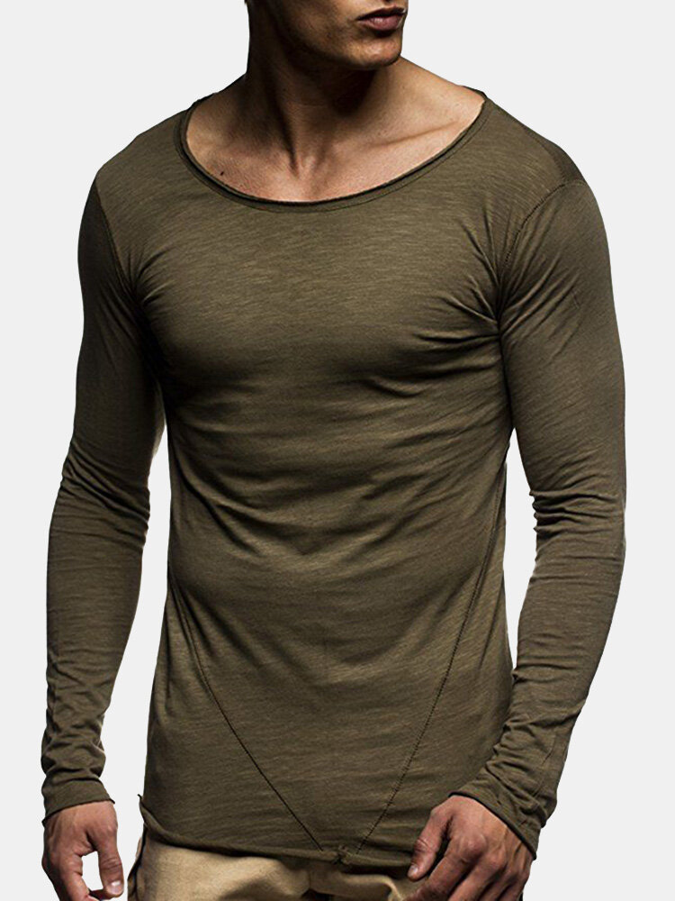 Mens Fashion Thin Solid Color O-neck Long Sleeve Slim Fit Casual Soft...