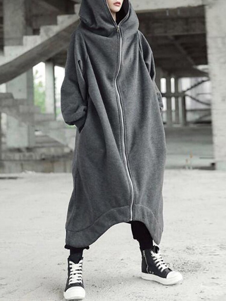 Women Causal Hoodies Hooded Long Coats Zipper Asymmetric Jackets