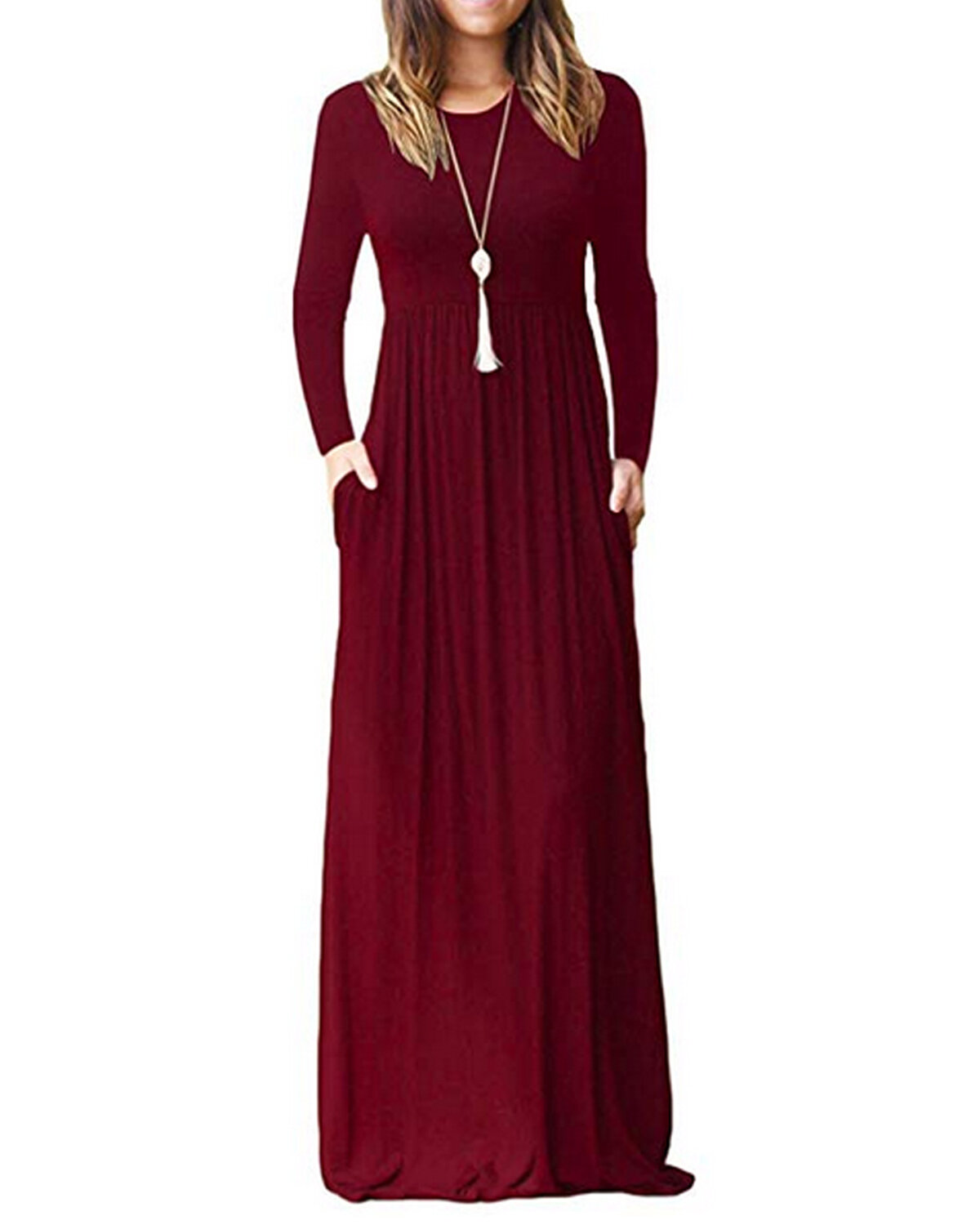 Frauen Langarm Loose Solid Casual Long Maxi Kleid mit Taschen