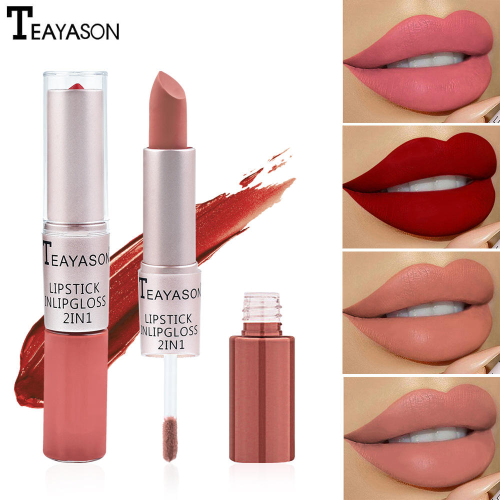 Double head non-stick cup matte matte lip gloss two-in-one matte durable bean paste does not fade dip cup lipstick female