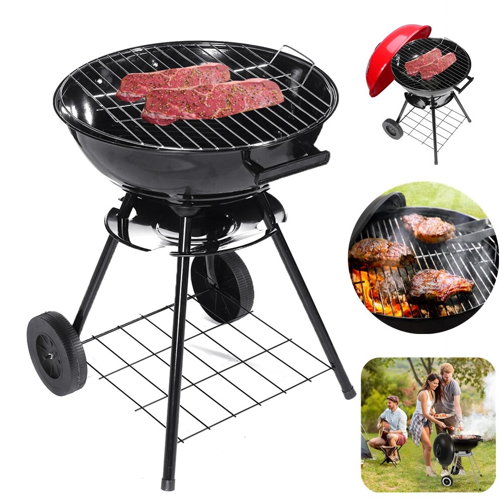 17-Zoll-Rund-Portable Heat Control Holzkohlegrill mit 2 Rädern Barbecue BBQ Kettle Outdoor Picknick Camping Kochrost.