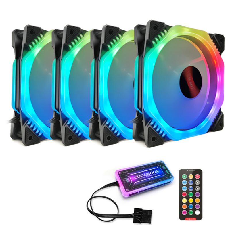 

Coolmoon 4PCS 12cm Multilayer Backlit RGB CPU Cooling Fan PC Heatsink with the RF Wireless Remote Control