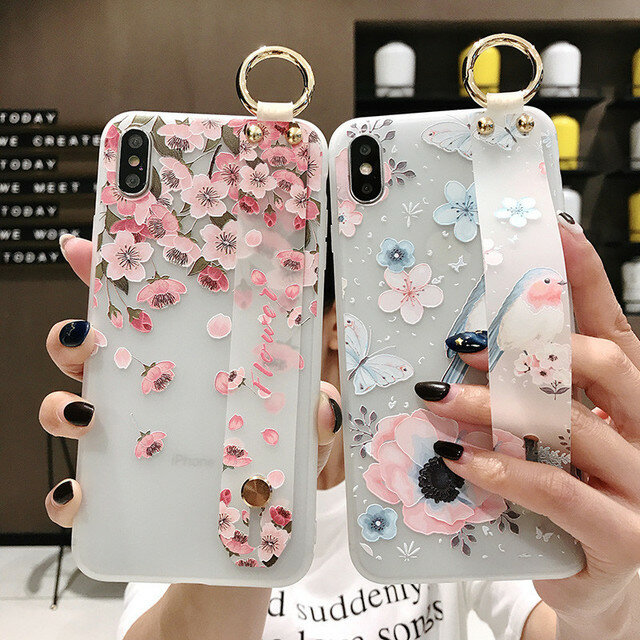 Bakeey Blossom Embossed Soft Silicone Protective Case with Wristband Holder for iPhone XS MAX XR X f