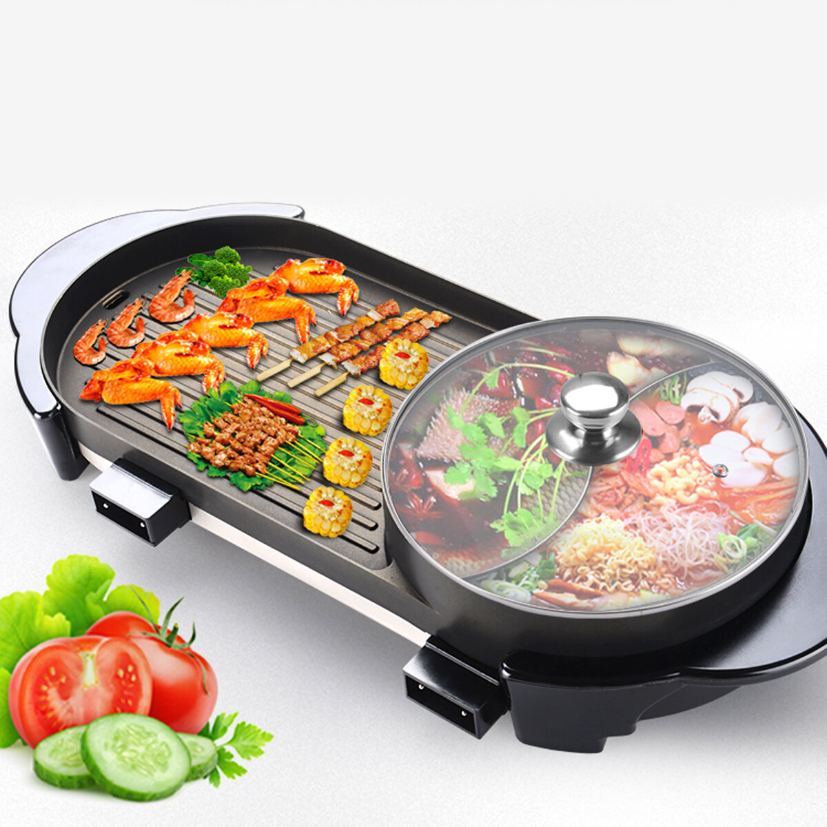 

Larger 2 in 1 220V Electric Hot Pot Oven Smokeless Barbecue Machine Shabu Pot