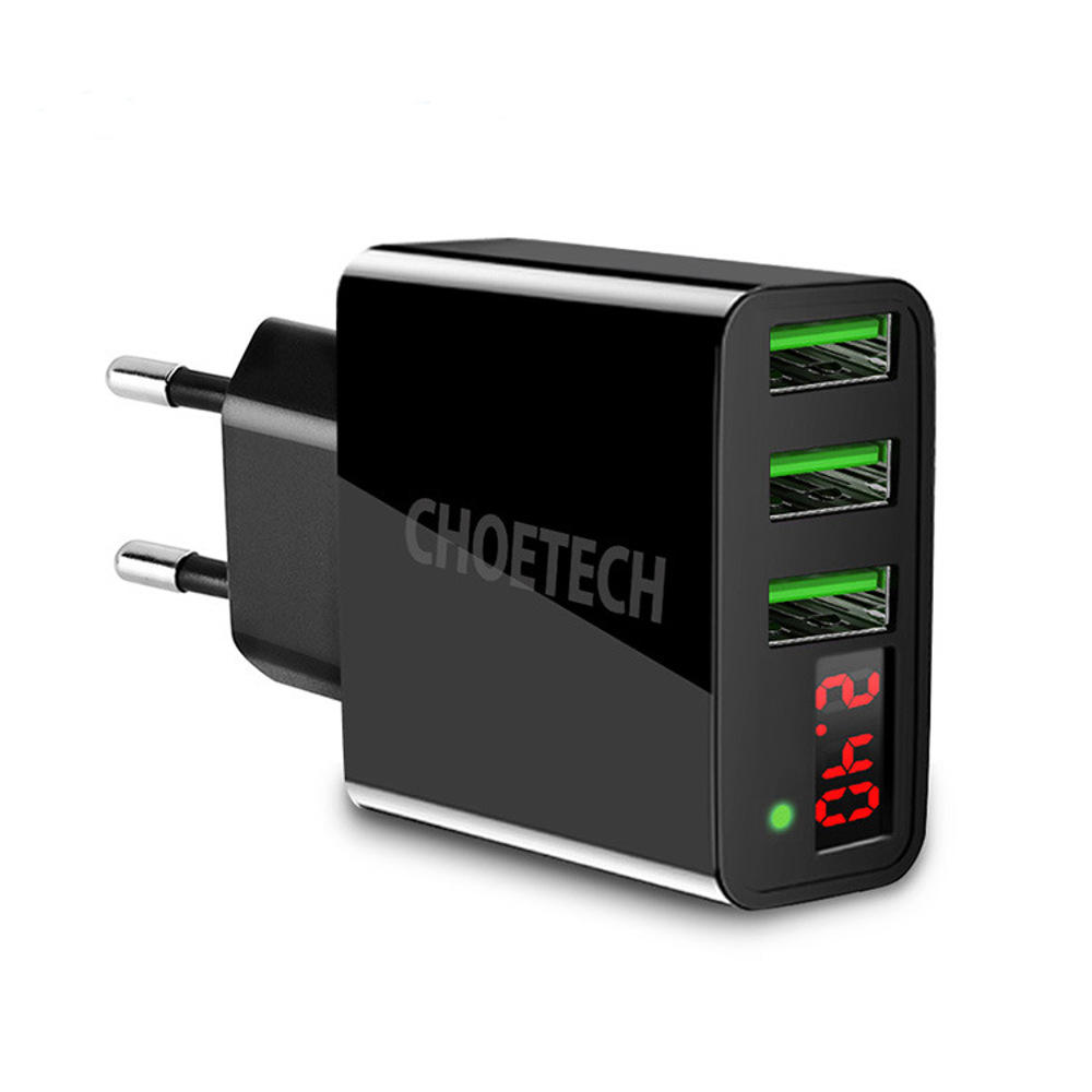 CHOETECH C0027 3 USB-poort Snelle oplader Voedingsadapter met digitaal display voor smartphonetablet