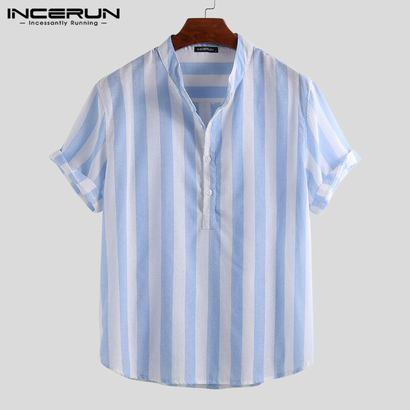 

Men's Collarless Striped Shirts Short Sleeve Casual Linen Button Down Tees Tops