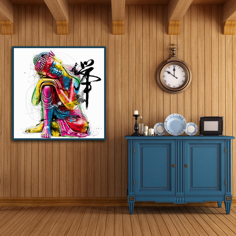 Miico Handgeschilderde olieverfschilderijen Abstract Colorful Bud-dha Head Wall Art voor huisdecorat