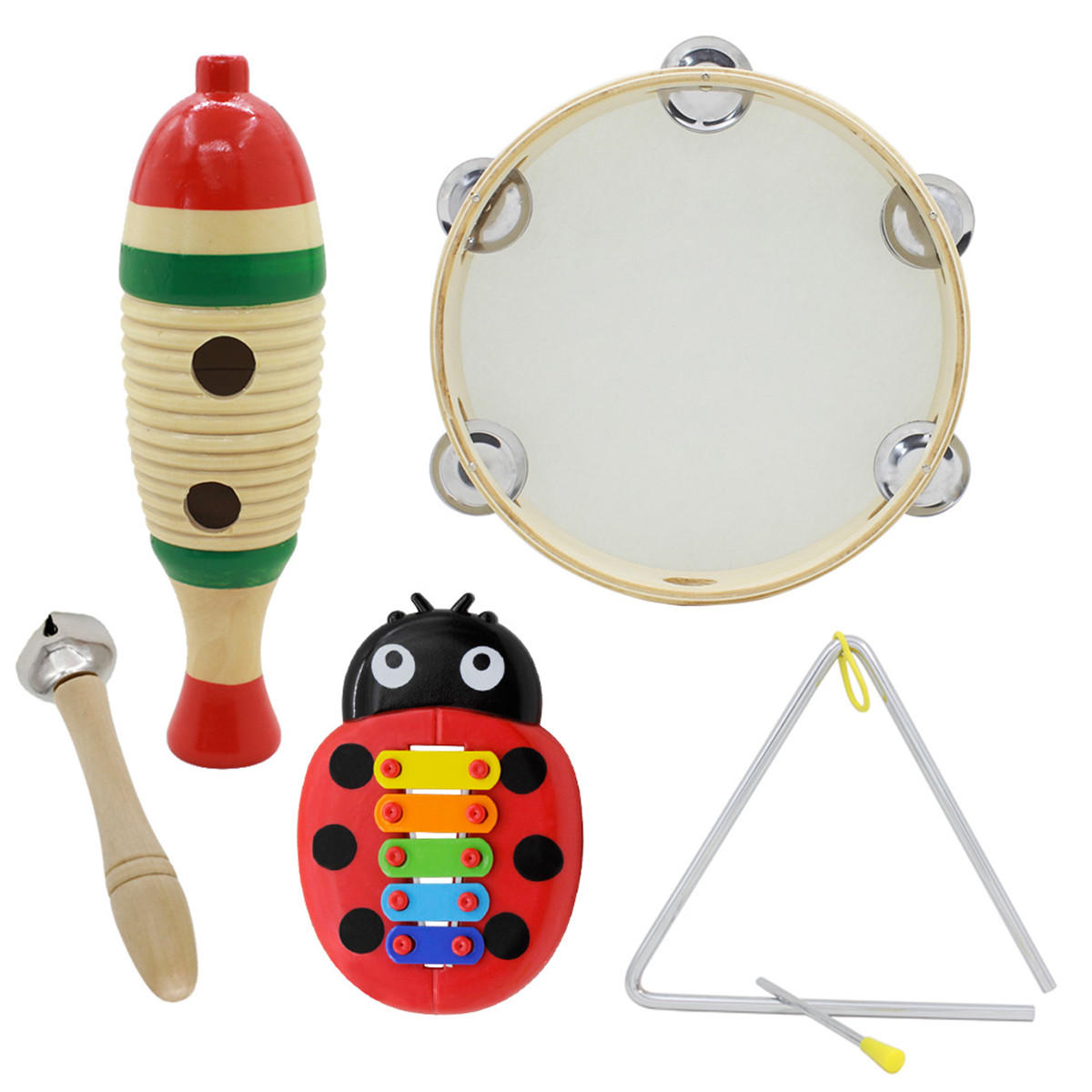 5-delige set orff muziekinstrumenten viskikker / hand tamboerijn / enkele bar bel / muziek driehoek 