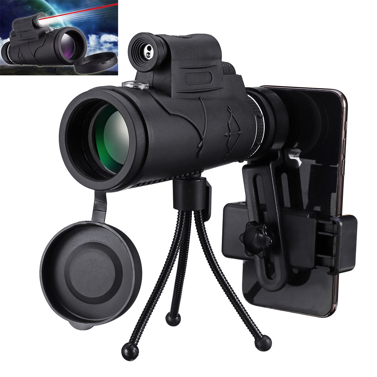 IPRee® MLS-L1 40x60 Monokular HD Optik BAK4 mit niedriger Nachtsicht LED-Taschenlampe Teleskop mit Stativ-Handyhalter