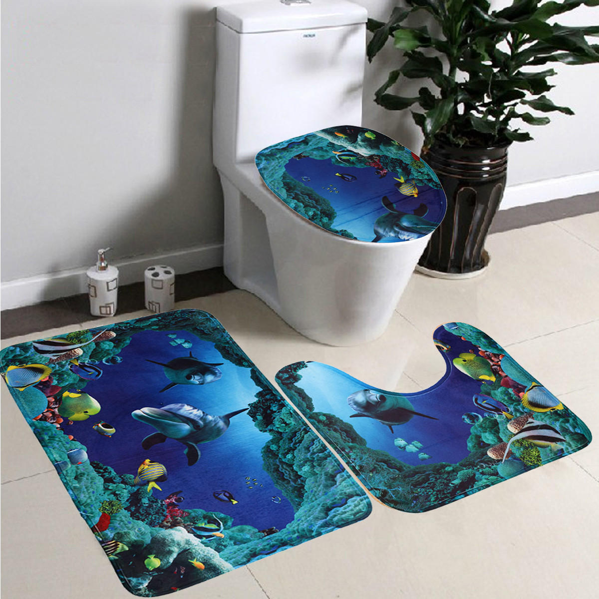 3 pcs / ensemble Soft flanelle bleu mer Contour piédestal tapis couvercle couvercle de toilette tapis de bain tapis