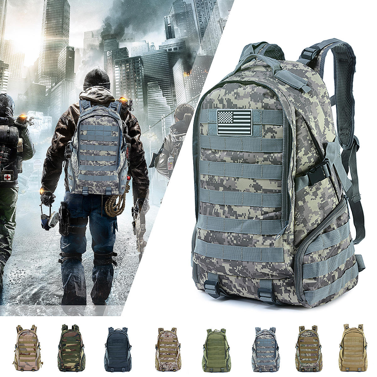 45L Waterproof Camping Hiking Bag Army Military Tactical Backpack Sports Traveling Bag