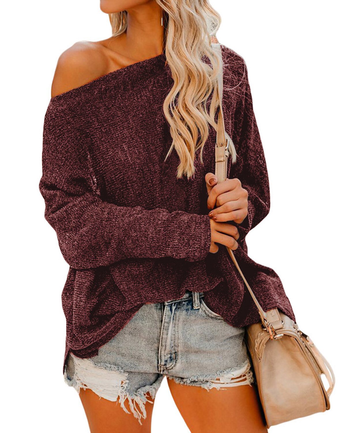 Women Off Shoulder Long Sleeve Blouse Casual Pullover Knit Sweaters