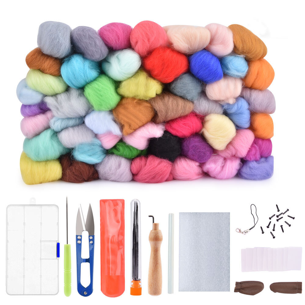50 Color DIY Wool Felt Kit Needles Tool Set Handmade Needle Felting Mat Starter Fabric Sewing Kit for DIY Felting Craft