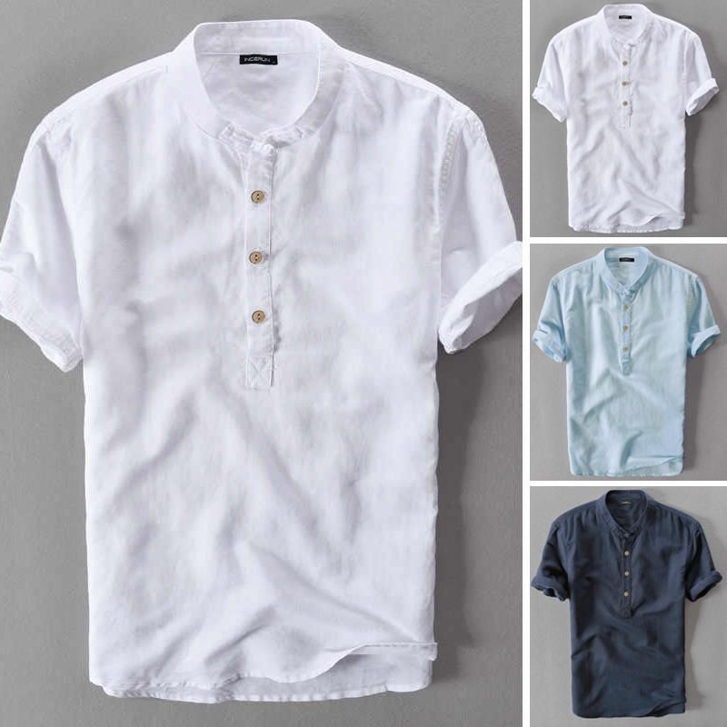 men's retro solid linen cotton shirts casual summer soft cool tops ...