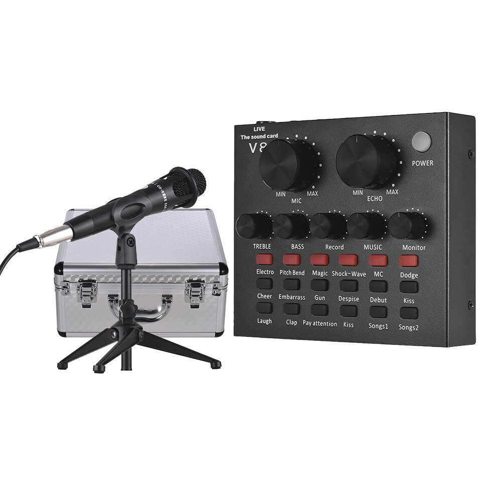 

USB Sound Card Microphone with Tripod Audio Cable Earphone for Broadcast Live Streaming for Tik Tok YY Karaoke Singing