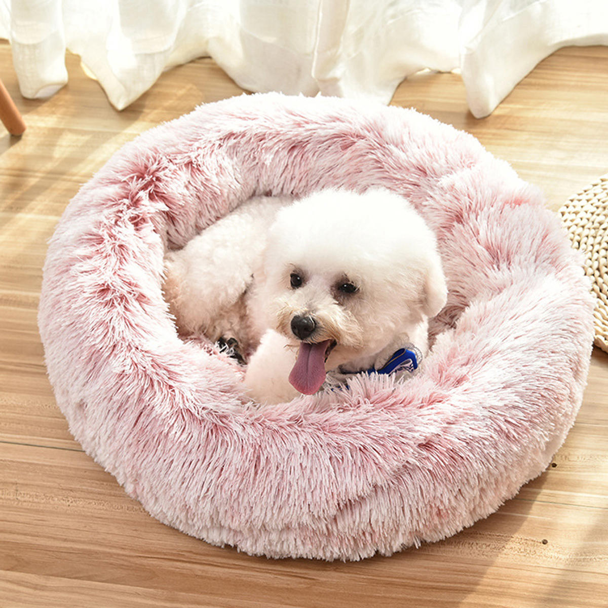 Pet Dog Cat Calming Bed Round Nest Warm Soft Plush Sleeping Bed Donut Cushion