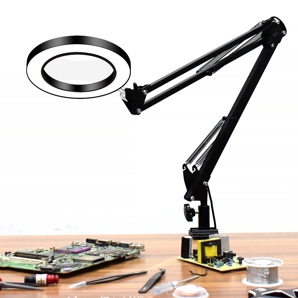 DANIU Flexible Desk Large 33cm+33cm 5X USB LED Magnifying Glass 3 Colors Illuminated Magnifier Lamp 