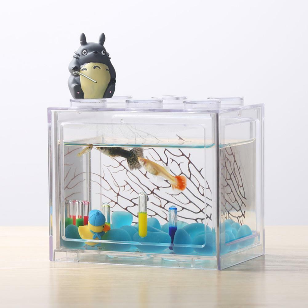 Colorful Clear Mini Fish Tank Aquarium LED Light Office Desktop Ornament Decor