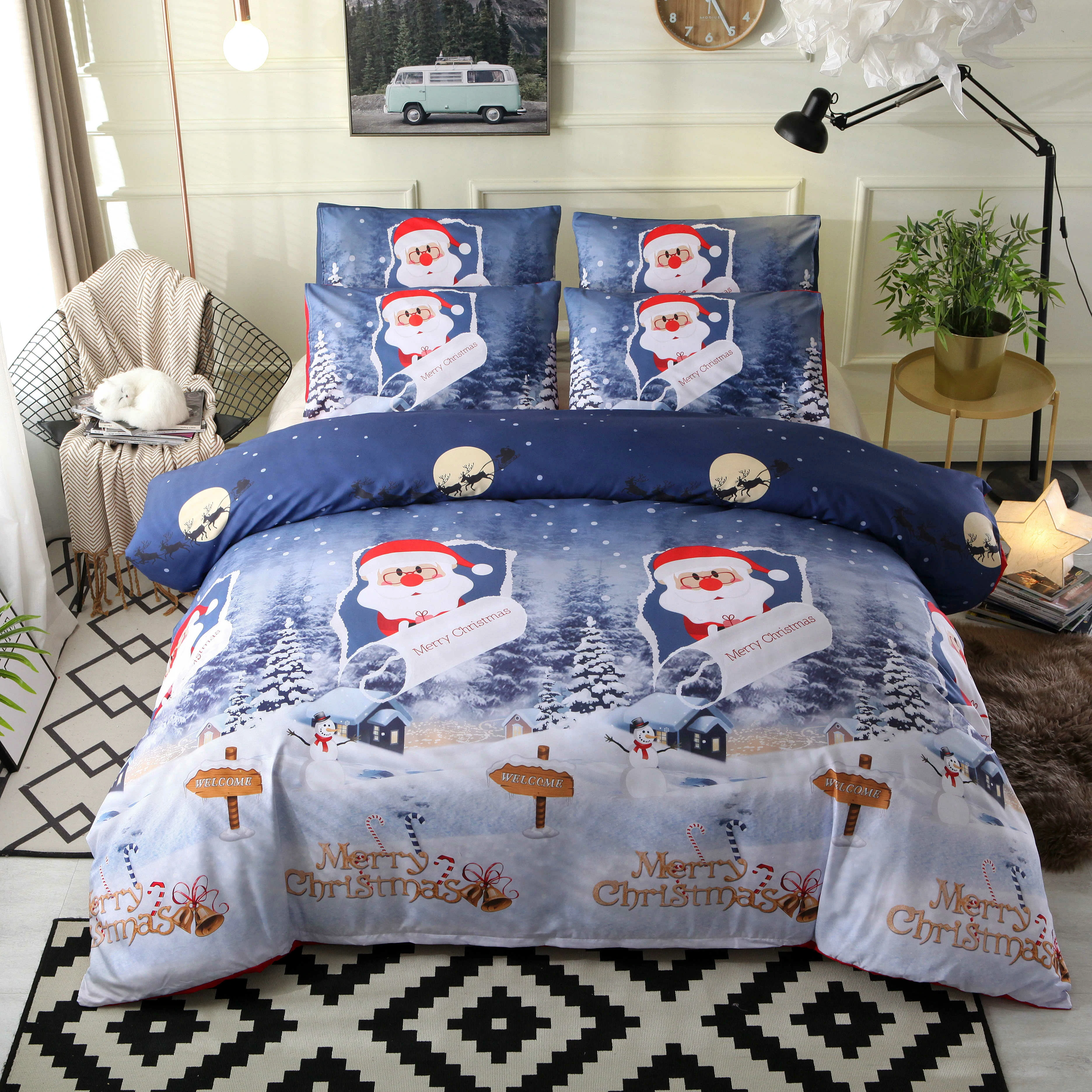 3 Pcs Bedding Sets Happy Christmas Quilt Cover Pillowcase For