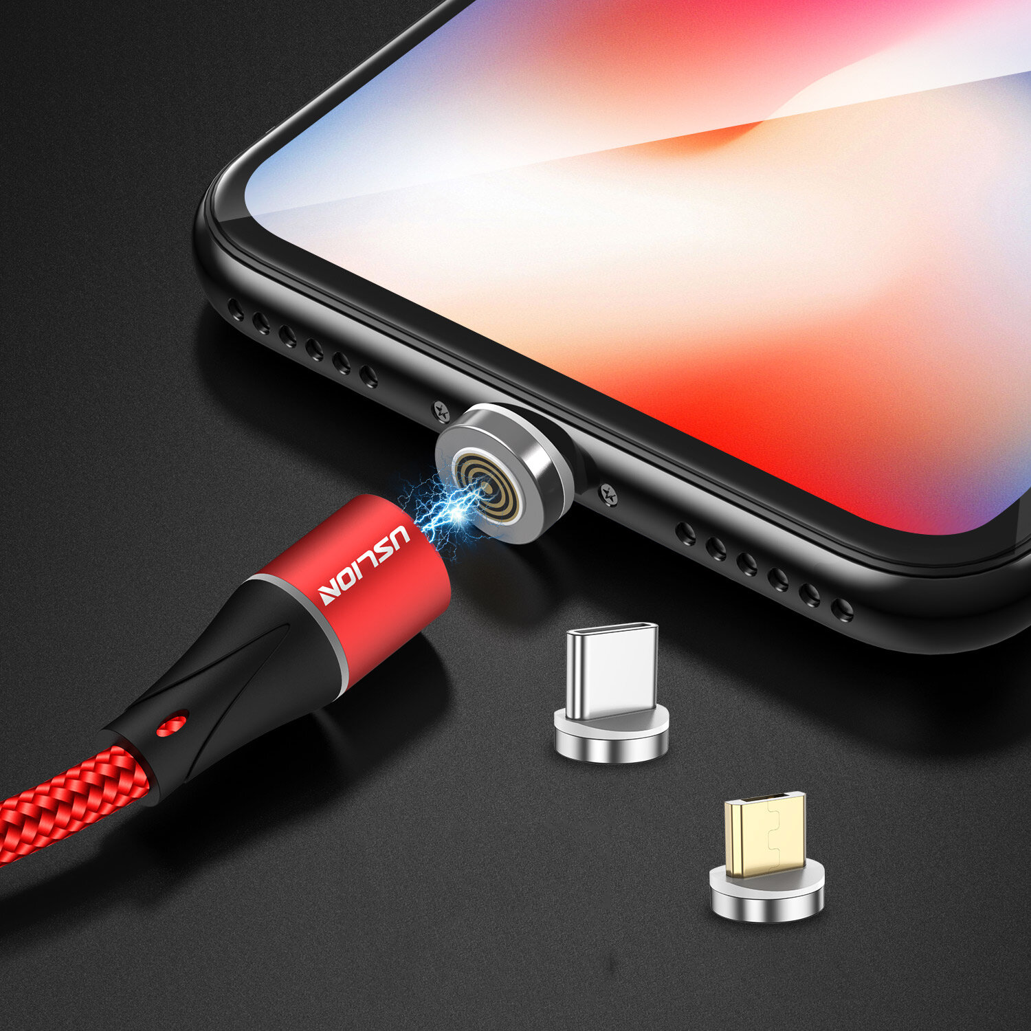 

USLION 3A LED 360 Degree Rotate QC3.0 Magnetic Fast Charging Type-C Micro USB Data Cable 1M for Samsung S10+ S9 9T Note8