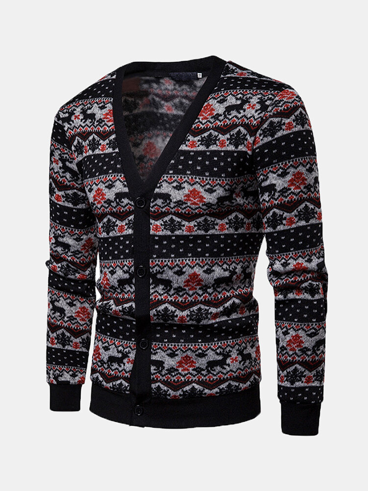 Mens Single Breasted V-Neck Christmas Stitching Color Sweaters Cardigans