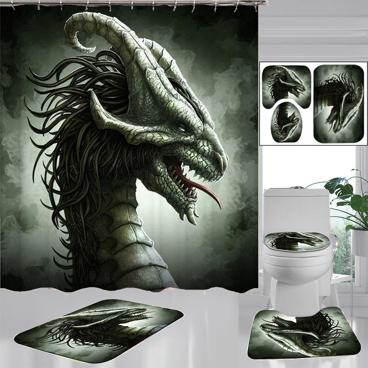 Dragon Badkamer Decor Waterdicht Douchegordijn Bad Tapijt Toiletbril Cover antislip Badmatten Set