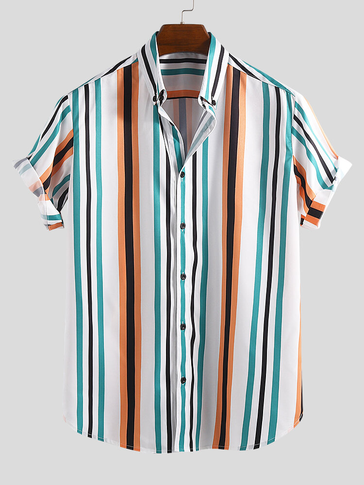 Charmkpr men colorful vertical stripe short sleeve relaxed shirts Sale ...